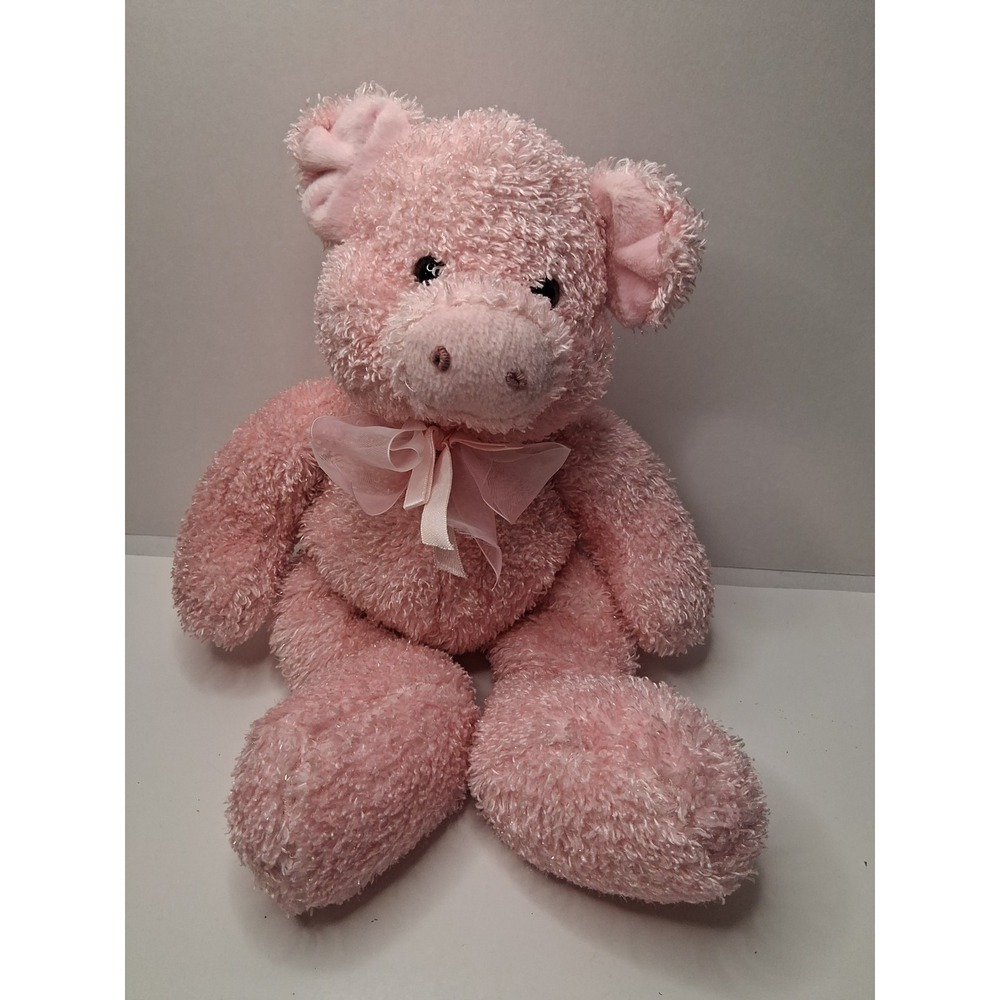 Kellytoy Pink Pig Plush Floppy 13 Inch Shaggy Chenille Stuffed Animal Pink Bow